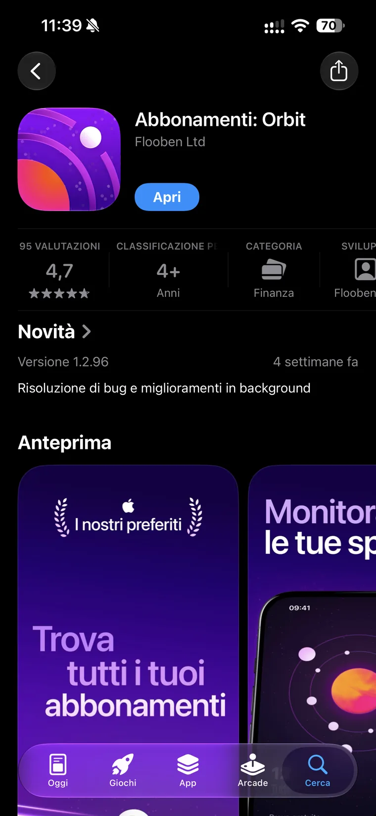 Scheda App Store di Abbonamenti Orbit di Flooben Ltd con 95 valutazioni, media 4,7, categoria Finanza e versione 1.2.96