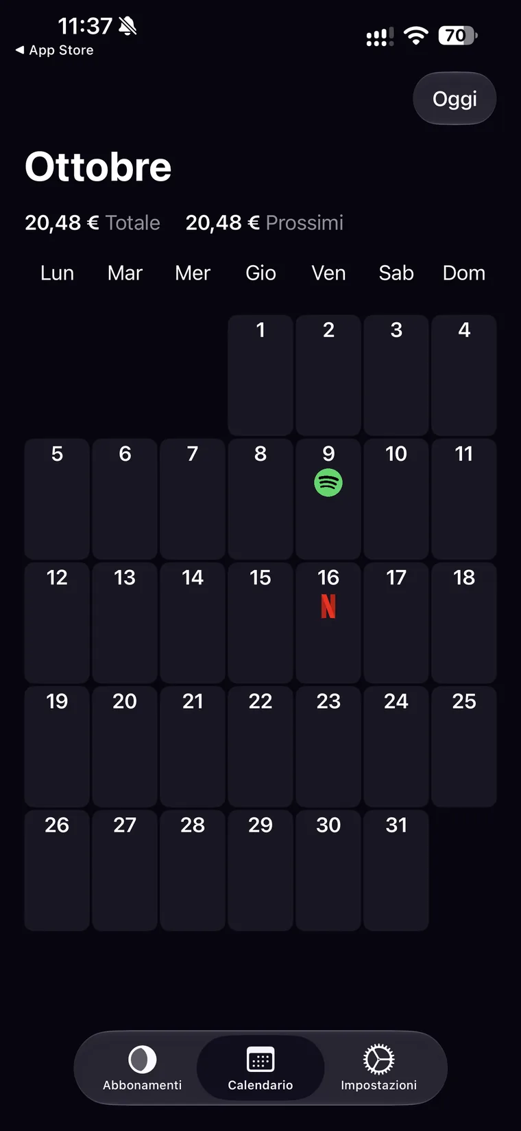 Calendario di Orbit per ottobre con il totale del mese e quello dei prossimi rinnovi, e i loghi di Spotify e Netflix nei rispettivi giorni