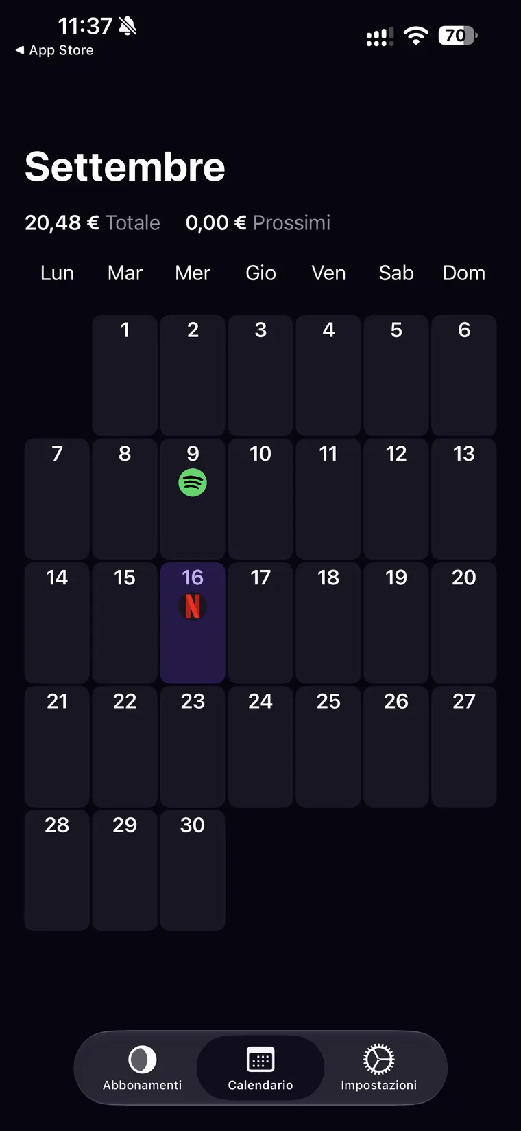 Calendario di Orbit per settembre con il totale del mese e i loghi di Spotify e Netflix nei giorni dei rinnovi