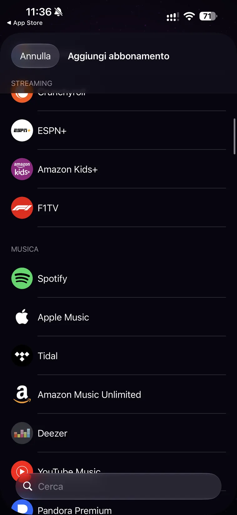 Catalogo di Orbit nella sezione Musica con Spotify, Apple Music, Tidal, Amazon Music Unlimited, Deezer, YouTube Music e Pandora Premium