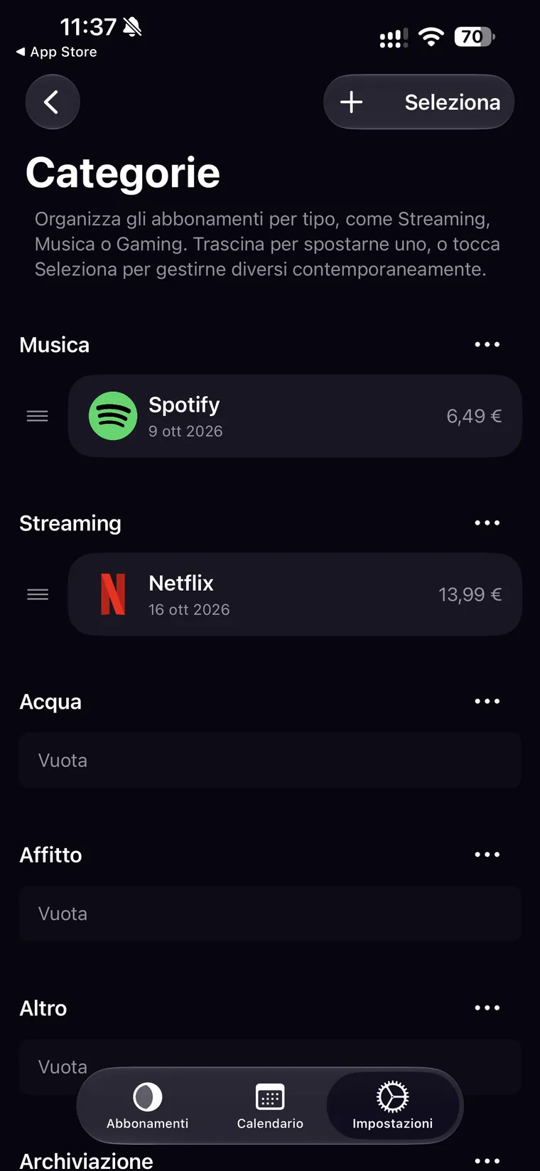 Schermata Categorie di Orbit con Musica, Streaming, Acqua, Affitto, Altro e Archiviazione, alcune vuote