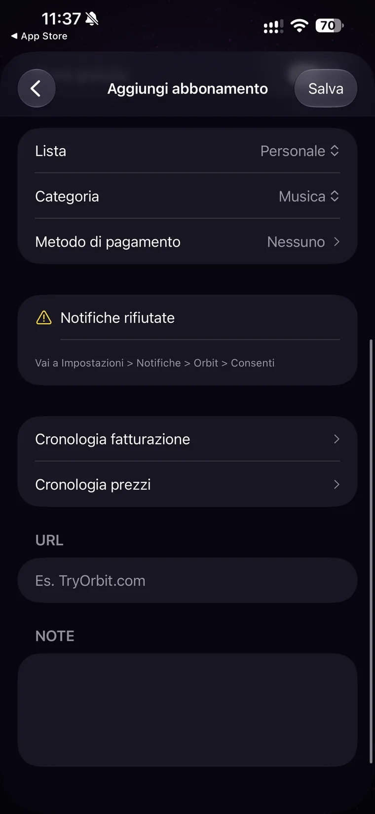 Parte inferiore della scheda abbonamento di Orbit con le voci Cronologia fatturazione e Cronologia prezzi, il campo URL e il campo Note