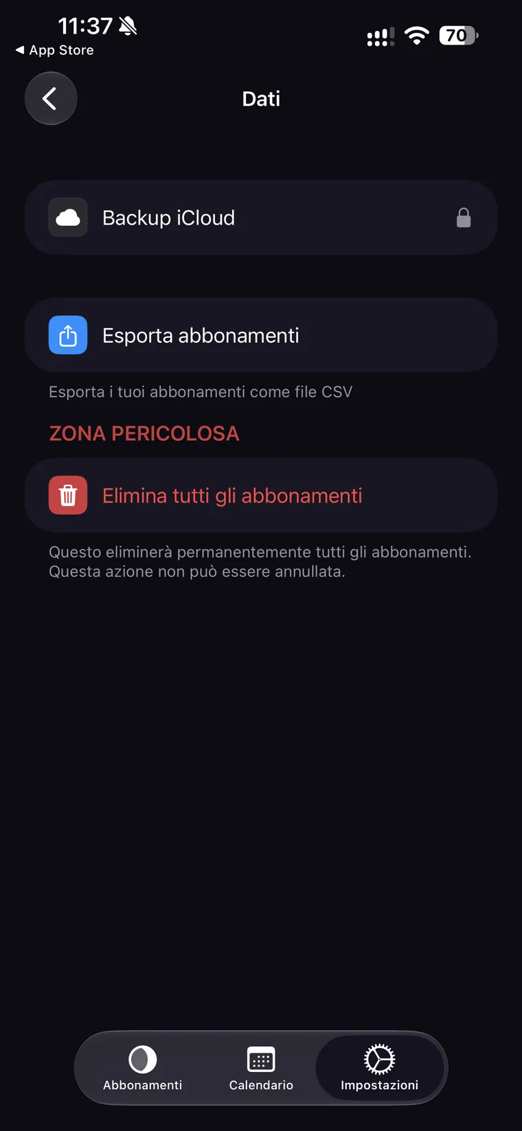 Schermata Dati di Orbit con Backup iCloud contrassegnato da un lucchetto, Esporta abbonamenti come file CSV e la zona pericolosa per eliminare tutti gli abbonamenti