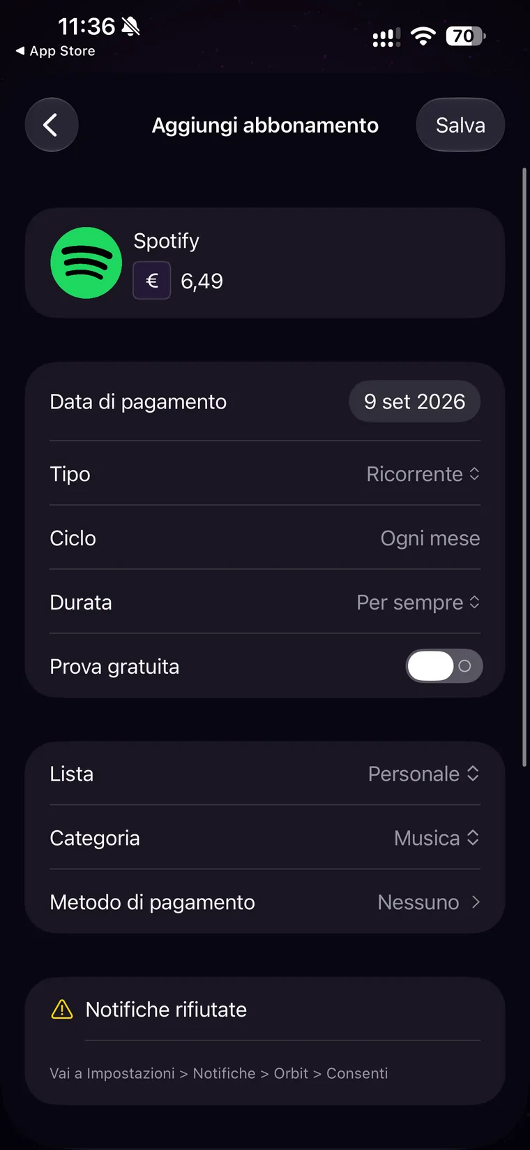 Scheda di un abbonamento Spotify in Orbit con prezzo 6,49 euro, data di pagamento, tipo ricorrente, ciclo mensile, durata per sempre, interruttore prova gratuita, lista Personale, categoria Musica e metodo di pagamento