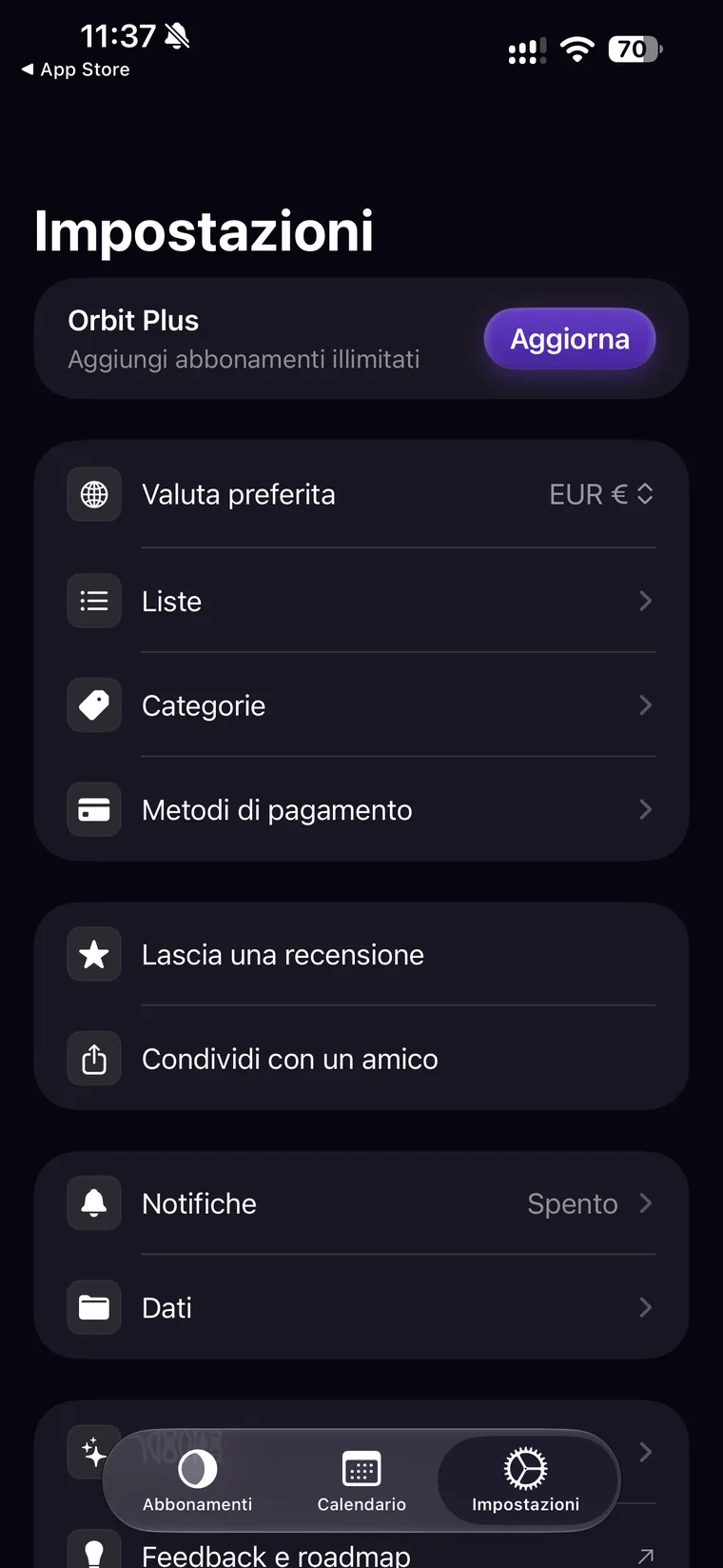 Impostazioni di Orbit con la proposta Orbit Plus per abbonamenti illimitati, valuta preferita, liste, categorie, metodi di pagamento, notifiche e dati