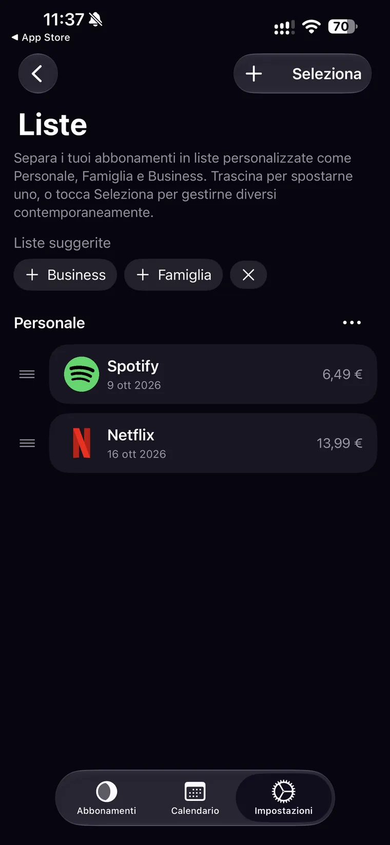 Schermata Liste di Orbit che spiega come separare gli abbonamenti in liste personalizzate, con i suggerimenti Business e Famiglia e la lista Personale contenente Spotify e Netflix