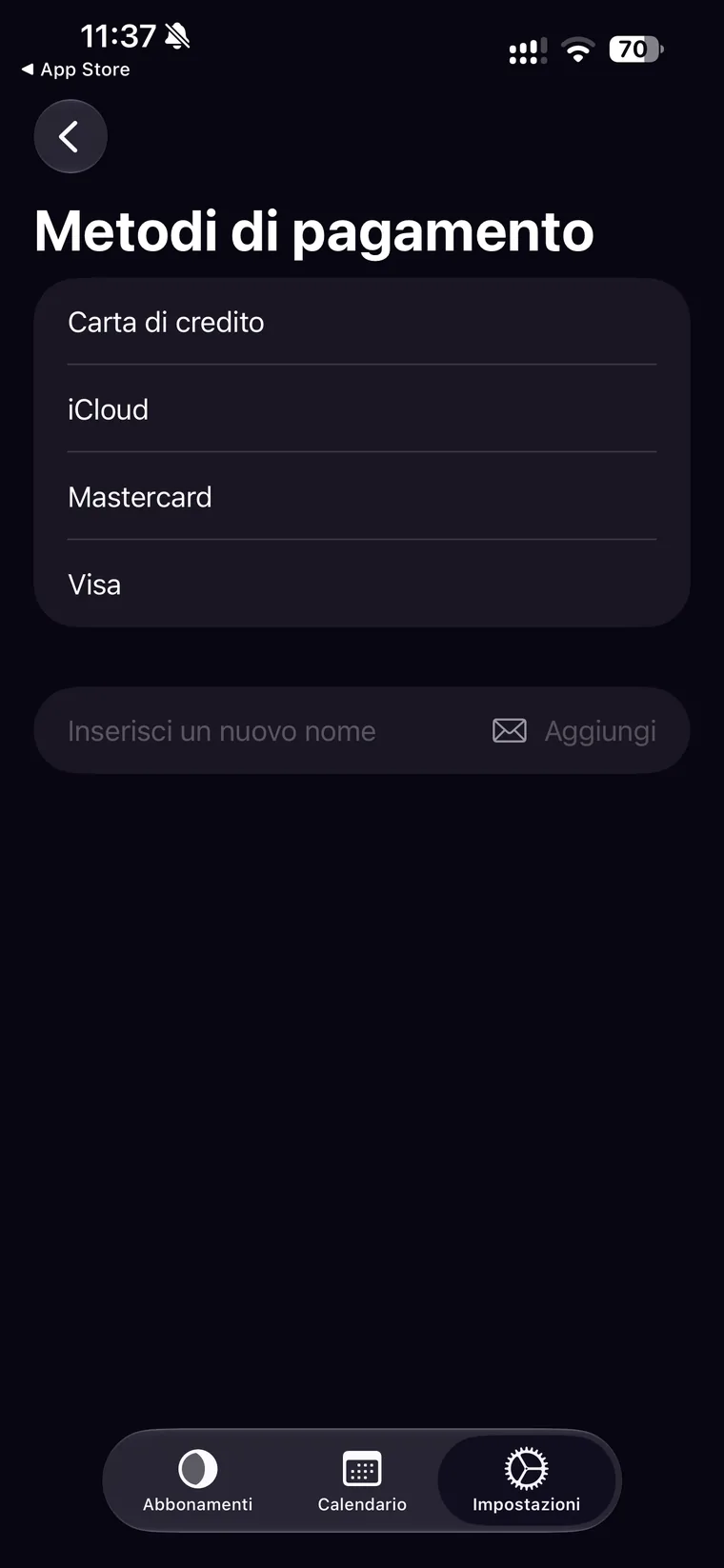 Schermata Metodi di pagamento di Orbit con Carta di credito, iCloud, Mastercard e Visa e il campo per inserirne uno nuovo