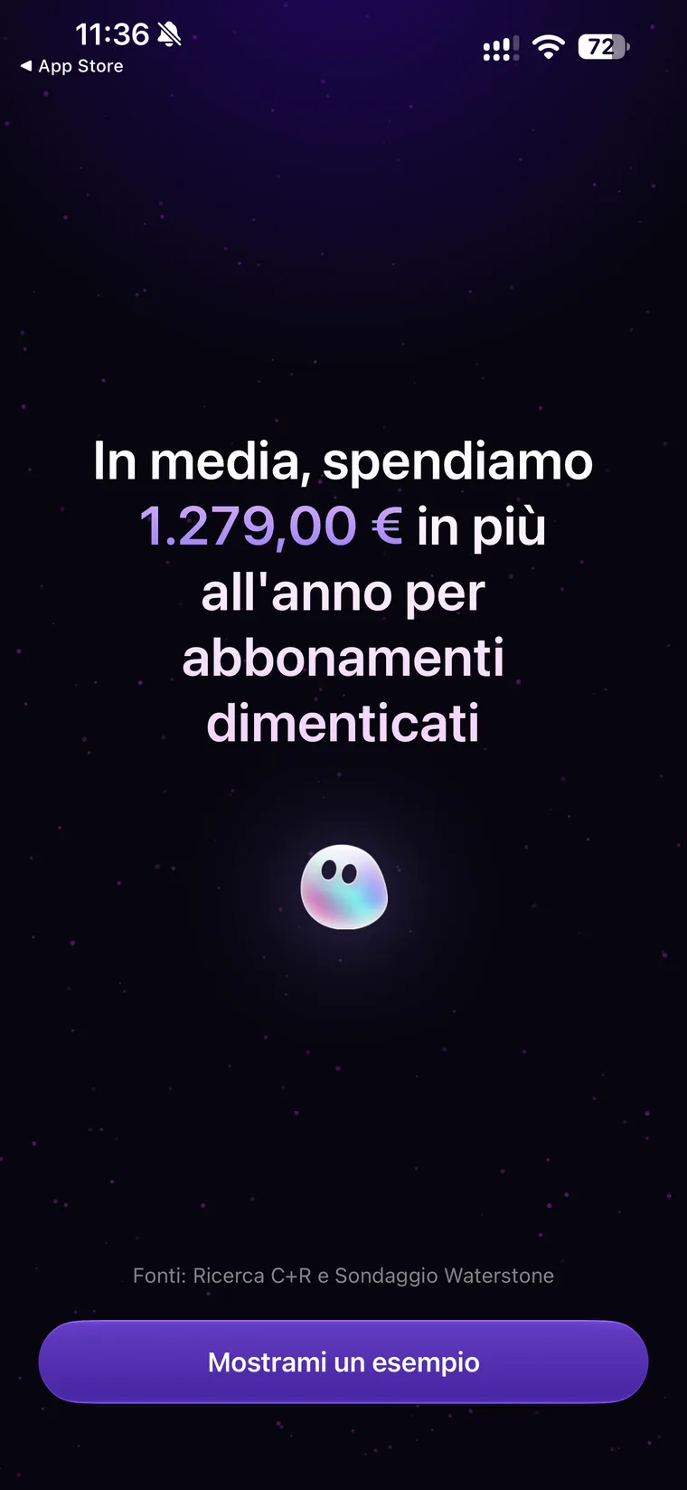 Schermata di onboarding di Orbit che dichiara che in media si spendono 1279 euro in più all'anno per abbonamenti dimenticati, citando una ricerca C+R e un sondaggio Waterstone