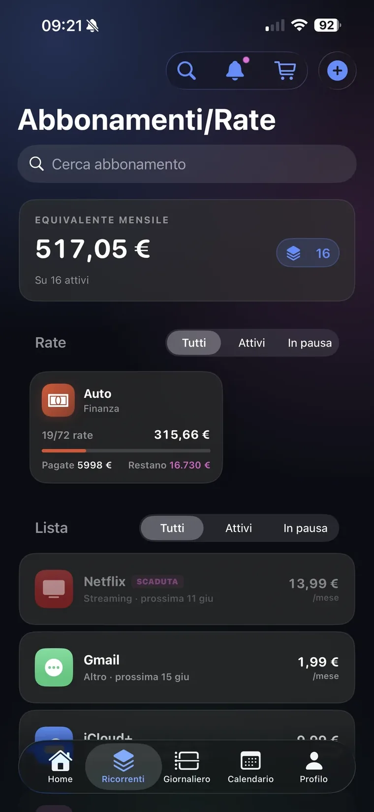 Schermata Abbonamenti/Rate di QuantoSpendo con l'equivalente mensile di 517,05 euro su 16 attivi, la card della rata Auto 19 di 72 con importo pagato e residuo, e l'elenco degli abbonamenti