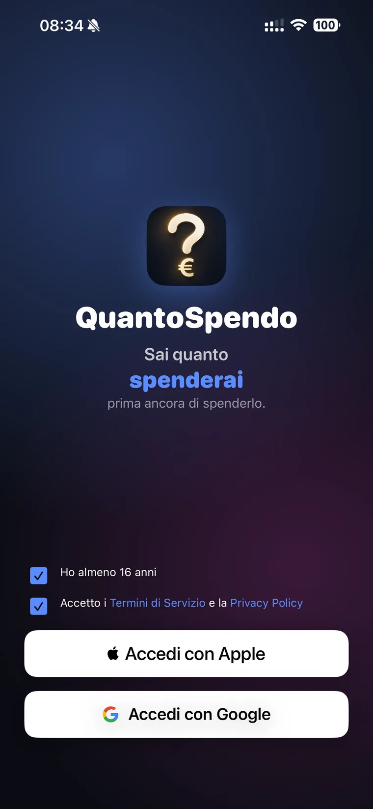 Schermata di accesso di QuantoSpendo con lo slogan Sai quanto spenderai prima ancora di spenderlo e i pulsanti Accedi con Apple e Accedi con Google