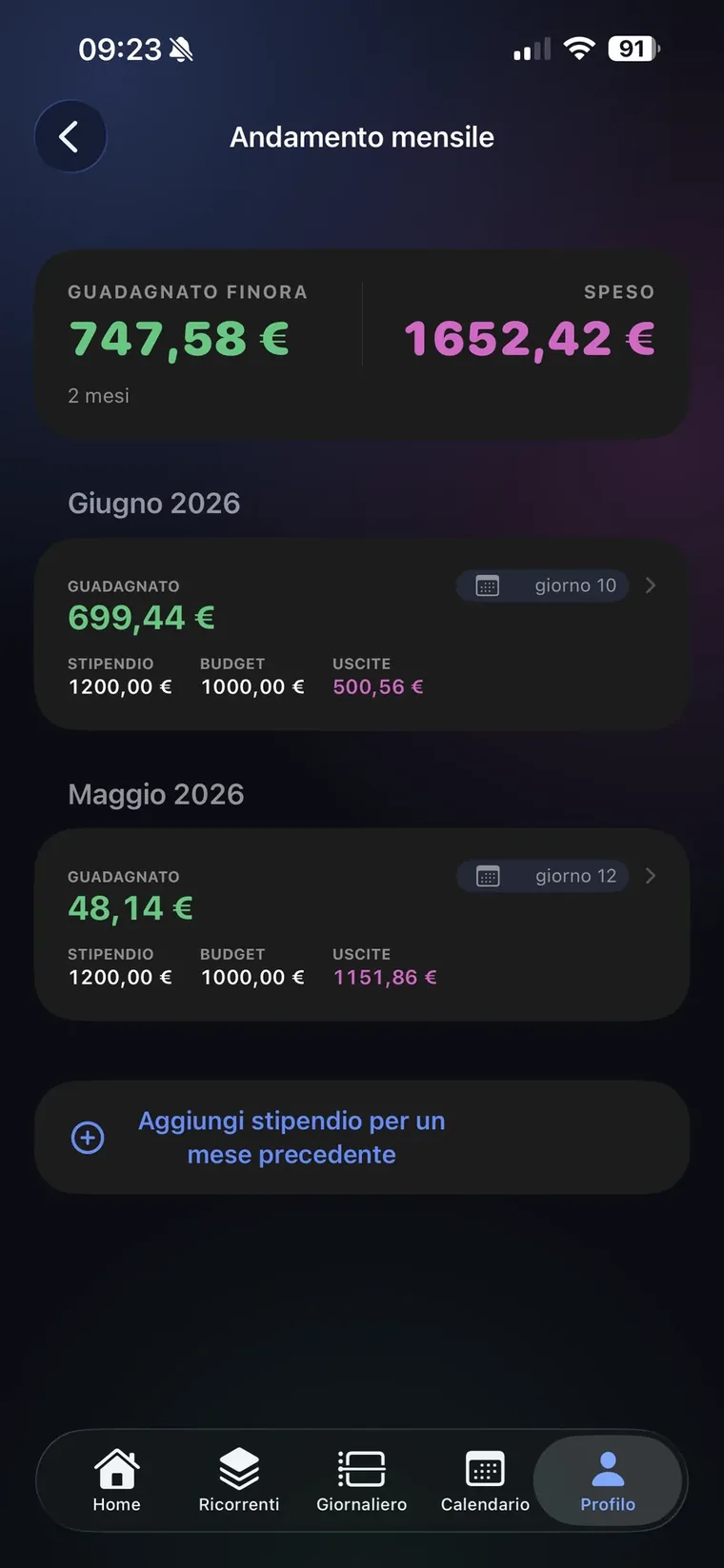 Schermata Andamento mensile di QuantoSpendo con guadagnato finora e speso, e per giugno e maggio 2026 stipendio, budget e uscite