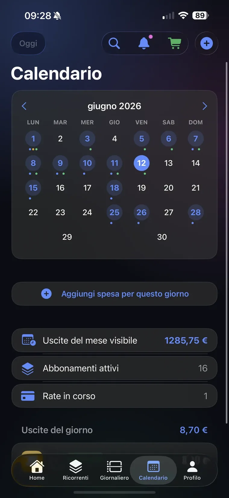 Calendario di QuantoSpendo di giugno 2026 con i puntini nei giorni con uscite, il pulsante Aggiungi spesa per questo giorno e i riquadri uscite del mese visibile, abbonamenti attivi, rate in corso e uscite del giorno