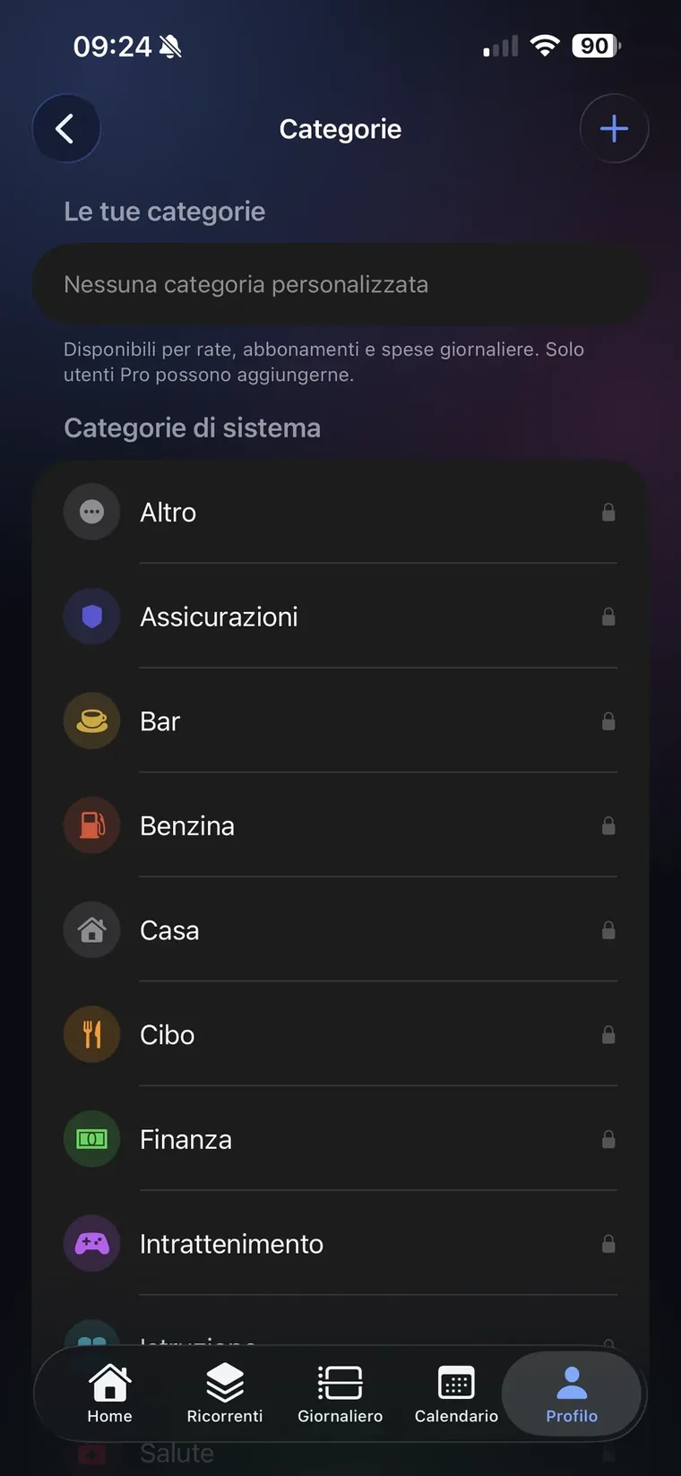 Schermata Categorie di QuantoSpendo con la sezione Le tue categorie vuota, la nota che solo gli utenti Pro possono aggiungerne, e le categorie di sistema Altro, Assicurazioni, Bar, Benzina, Casa, Cibo, Finanza, Intrattenimento