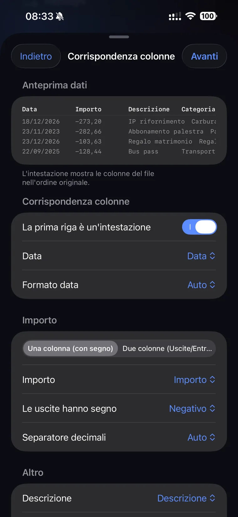 Schermata Corrispondenza colonne dell'import CSV di QuantoSpendo con l'anteprima dei dati e la scelta delle colonne per data, formato data, importo, segno delle uscite e separatore decimali