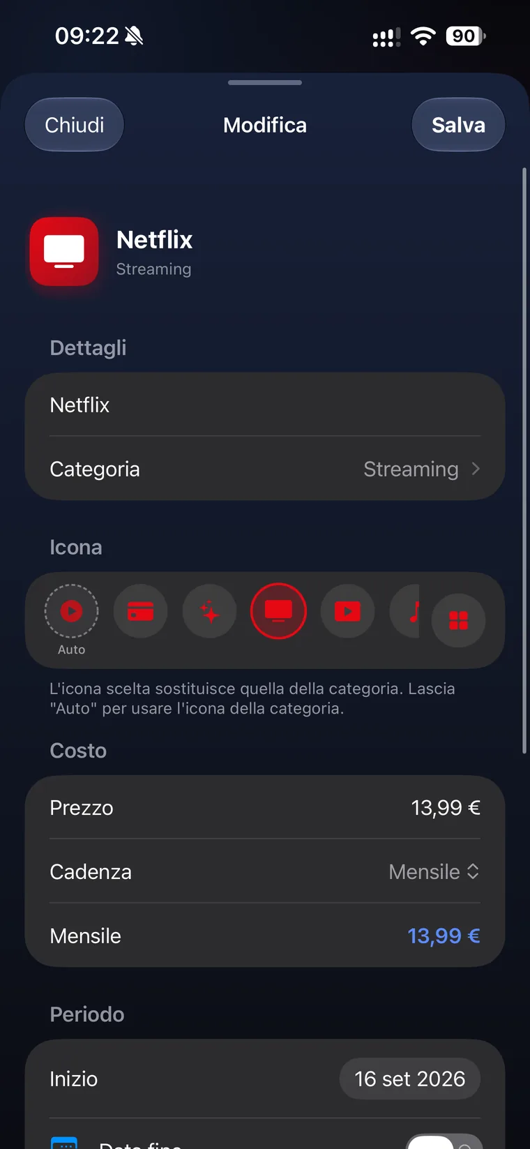 Scheda di modifica dell'abbonamento Netflix in QuantoSpendo con categoria Streaming, scelta dell'icona, prezzo 13,99 euro, cadenza mensile, equivalente mensile 13,99 euro e data di inizio