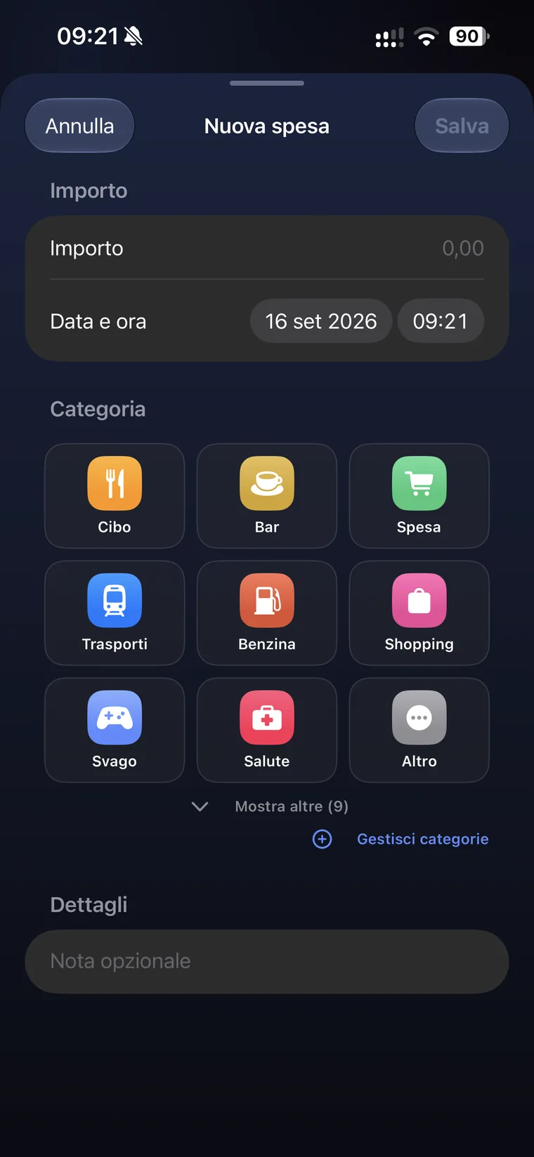 Schermata Nuova spesa di QuantoSpendo con i campi Importo e Data e ora, la griglia delle categorie Cibo, Bar, Spesa, Trasporti, Benzina, Shopping, Svago, Salute, Altro e il campo Nota opzionale