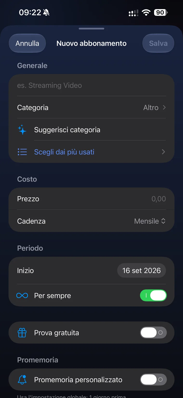 Schermata Nuovo abbonamento di QuantoSpendo con nome, categoria, suggerisci categoria, prezzo, cadenza mensile, data di inizio, interruttore Per sempre, Prova gratuita e Promemoria personalizzato