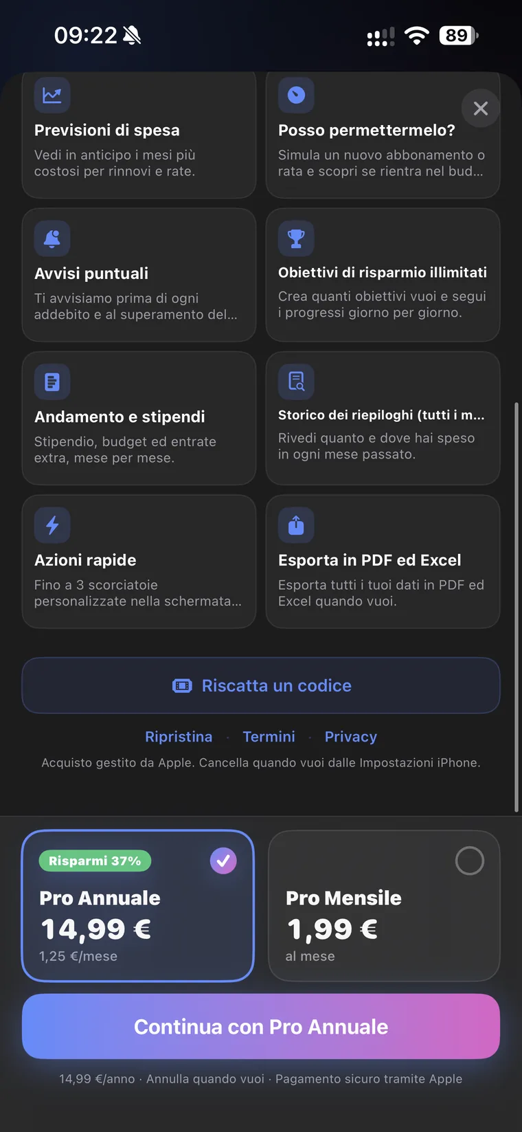 Seconda parte del paywall di QuantoSpendo Pro con previsioni di spesa, simulazione Posso permettermelo, avvisi puntuali, obiettivi di risparmio illimitati, andamento e stipendi, storico dei riepiloghi, azioni rapide ed esporta in PDF ed Excel