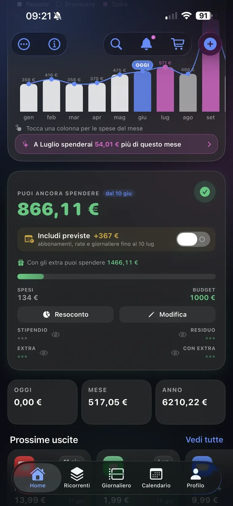 Home di QuantoSpendo con la card Puoi ancora spendere dal 10 giugno, 866,11 euro, l'interruttore Includi previste con 367 euro di abbonamenti rate e giornaliere fino al 10 luglio, spesi 134 euro su budget 1000 e i pulsanti Resoconto e Modifica