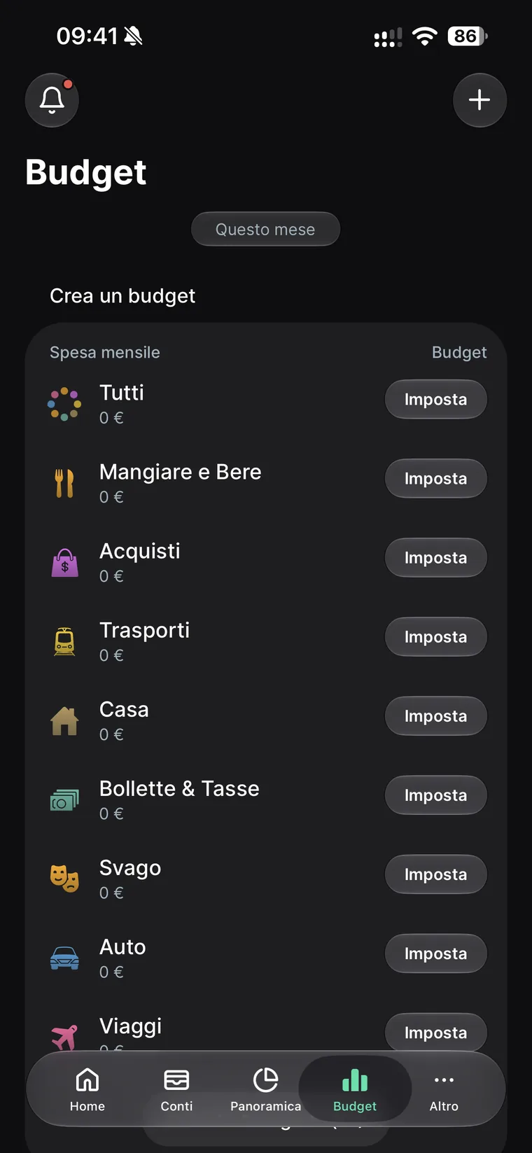 Scheda Budget di Spendee con l'elenco delle categorie Tutti, Mangiare e Bere, Acquisti, Trasporti, Casa, Bollette e Tasse, Svago, Auto, Viaggi e il pulsante Imposta accanto a ciascuna