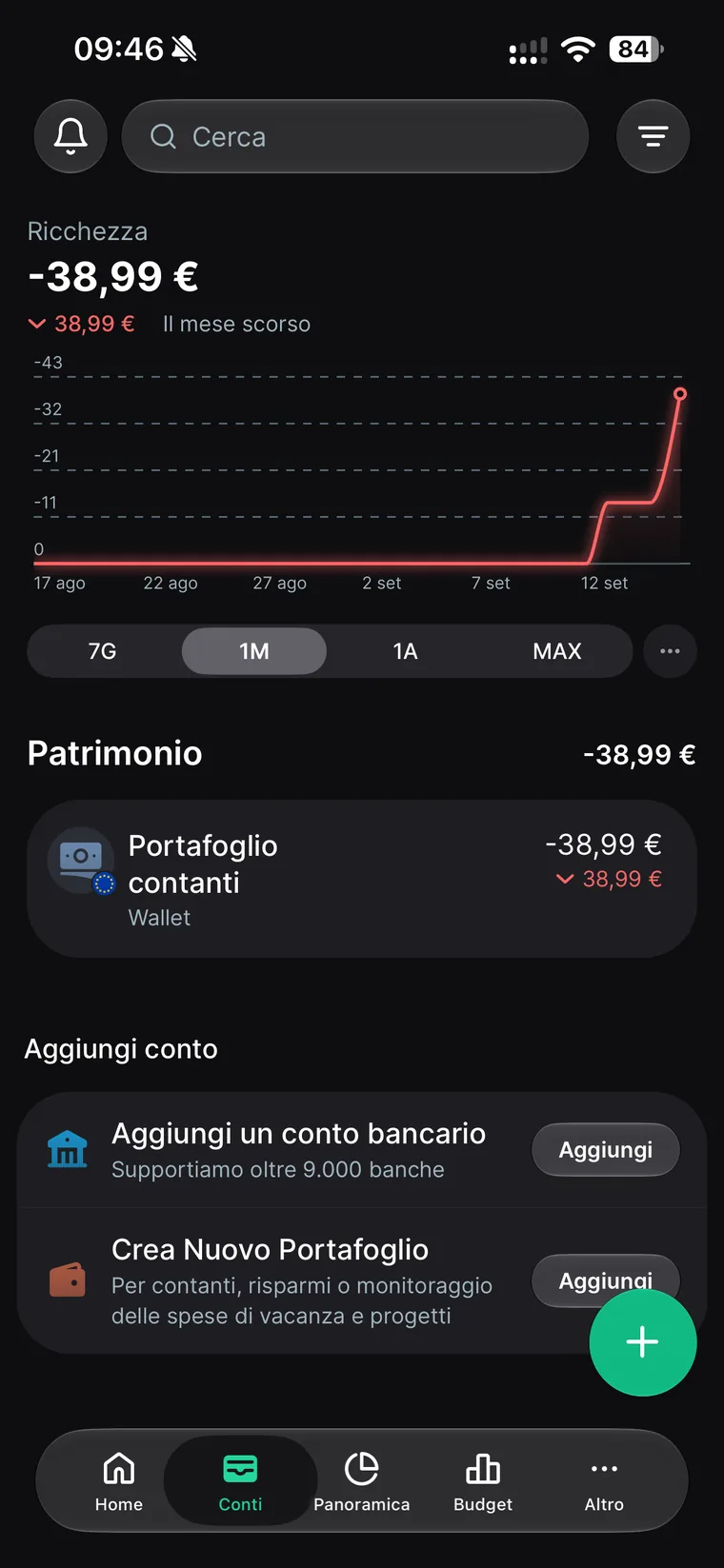 Scheda Conti di Spendee con la ricchezza aggiornata a meno 38,99 euro e il portafoglio contanti