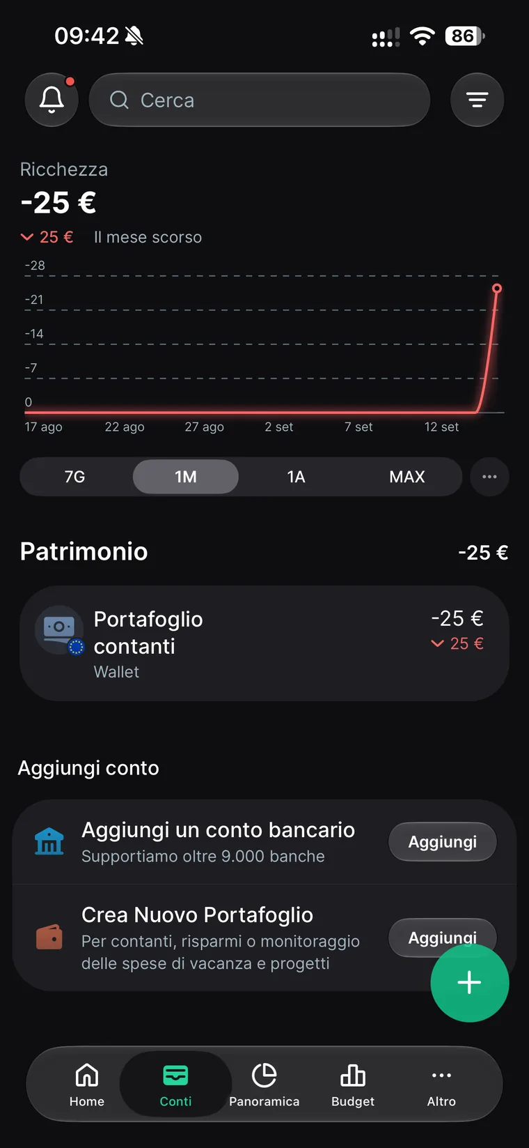 Scheda Conti di Spendee con la Ricchezza e il suo grafico storico, la sezione Patrimonio con il Portafoglio contanti e i pulsanti Aggiungi un conto bancario e Crea Nuovo Portafoglio