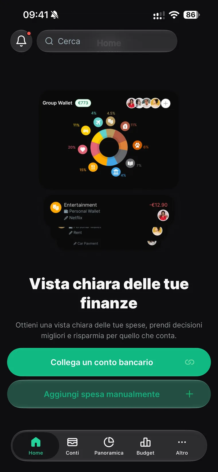 Home iniziale di Spendee con il titolo Vista chiara delle tue finanze e i pulsanti Collega un conto bancario e Aggiungi spesa manualmente