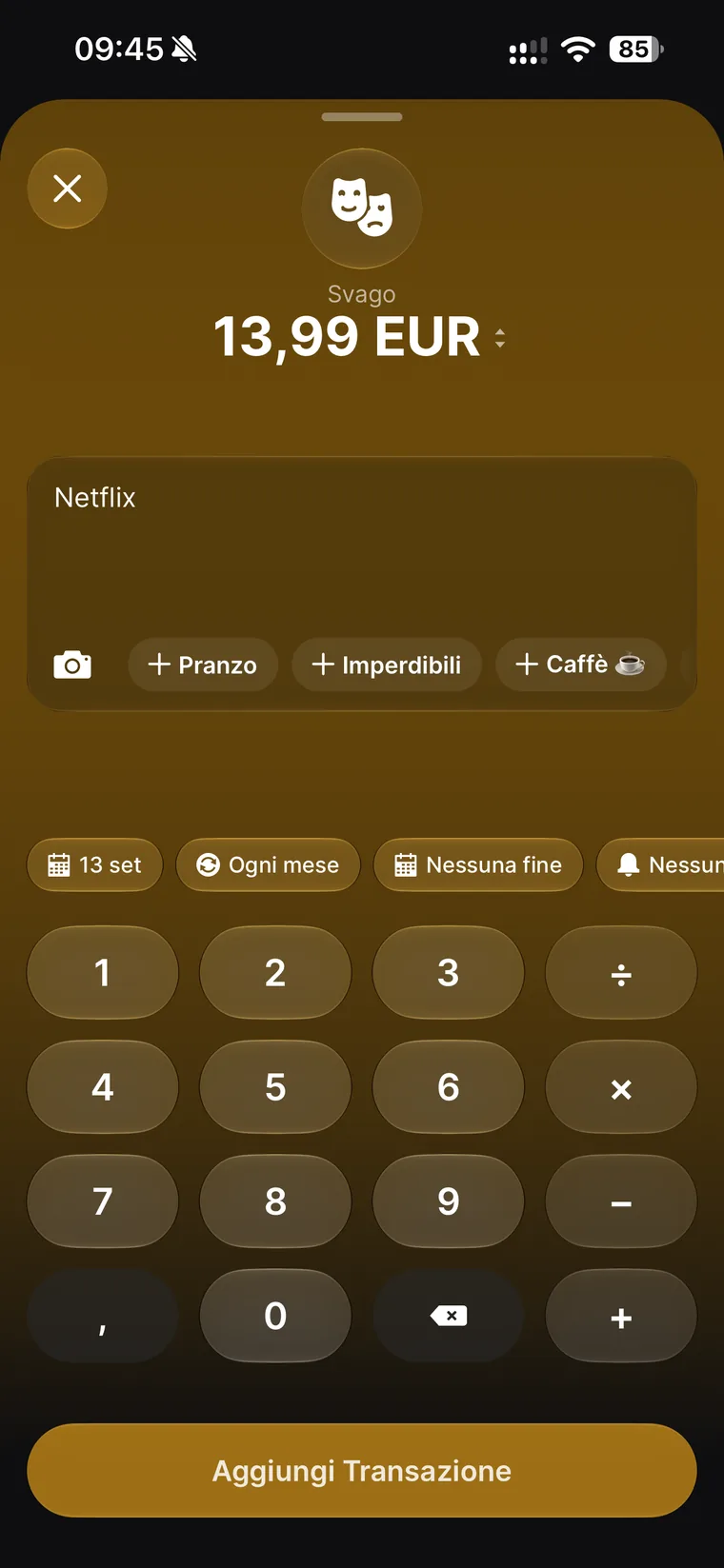 Transazione Netflix in Spendee da 13,99 euro nella categoria Svago con i chip 13 set, Ogni mese, Nessuna fine e nessun promemoria