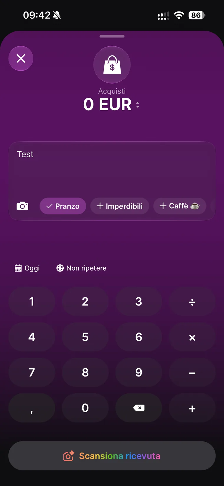 Schermata di una nuova transazione in Spendee con categoria Acquisti, descrizione Test, etichetta Pranzo selezionata, icona fotocamera, data Oggi, opzione Non ripetere, tastierino e pulsante Scansiona ricevuta
