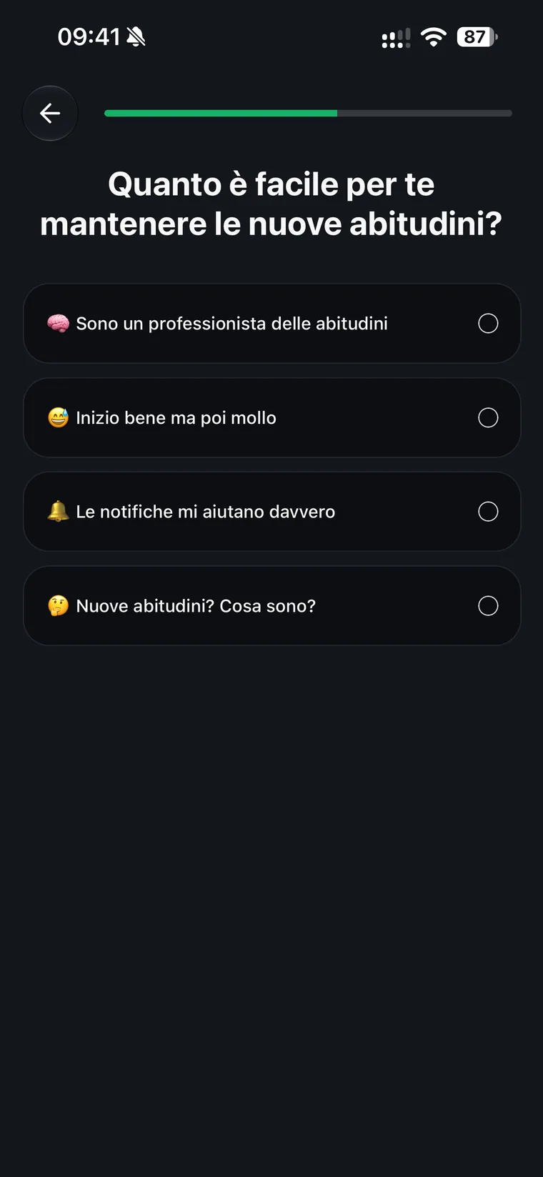 Domanda dell'onboarding di Spendee su quanto è facile mantenere nuove abitudini, con quattro risposte possibili