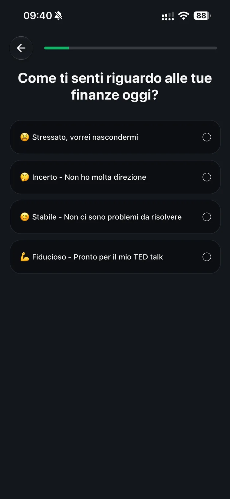 Schermata di onboarding di Spendee con la domanda Come ti senti riguardo alle tue finanze oggi e le risposte Stressato, Incerto, Stabile e Fiducioso