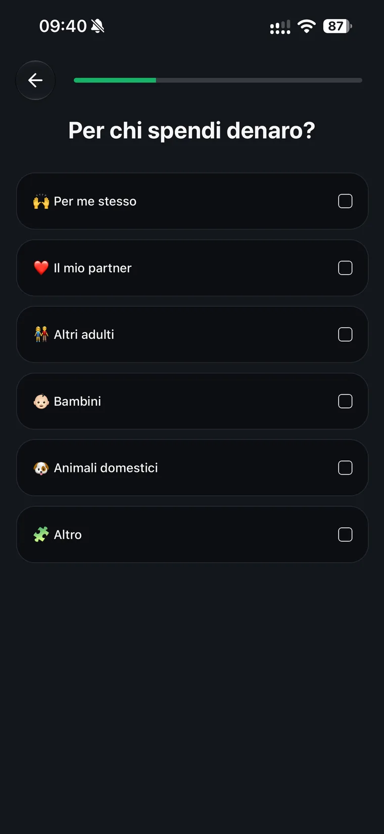 Domanda dell'onboarding di Spendee: per chi spendi denaro, con le opzioni me stesso, partner, altri adulti, bambini, animali domestici e altro