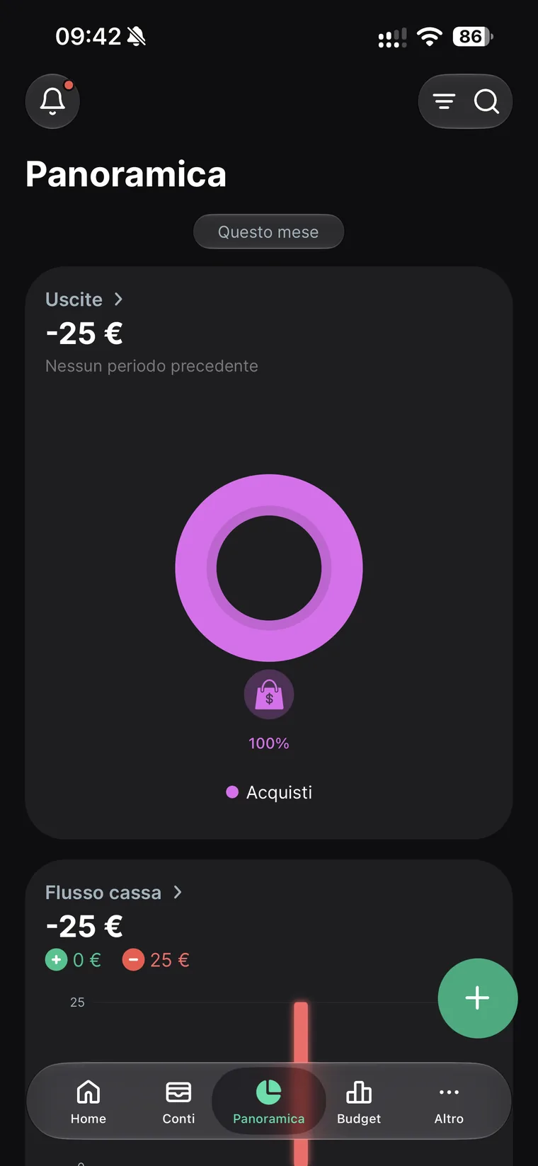 Panoramica di Spendee con le uscite del mese e il grafico ad anello di una sola categoria al cento per cento