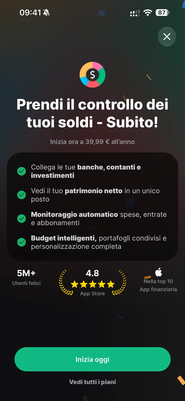 Paywall di Spendee con l'elenco dei vantaggi: collega banche contanti e investimenti, patrimonio netto in un unico posto, monitoraggio automatico, budget intelligenti e portafogli condivisi
