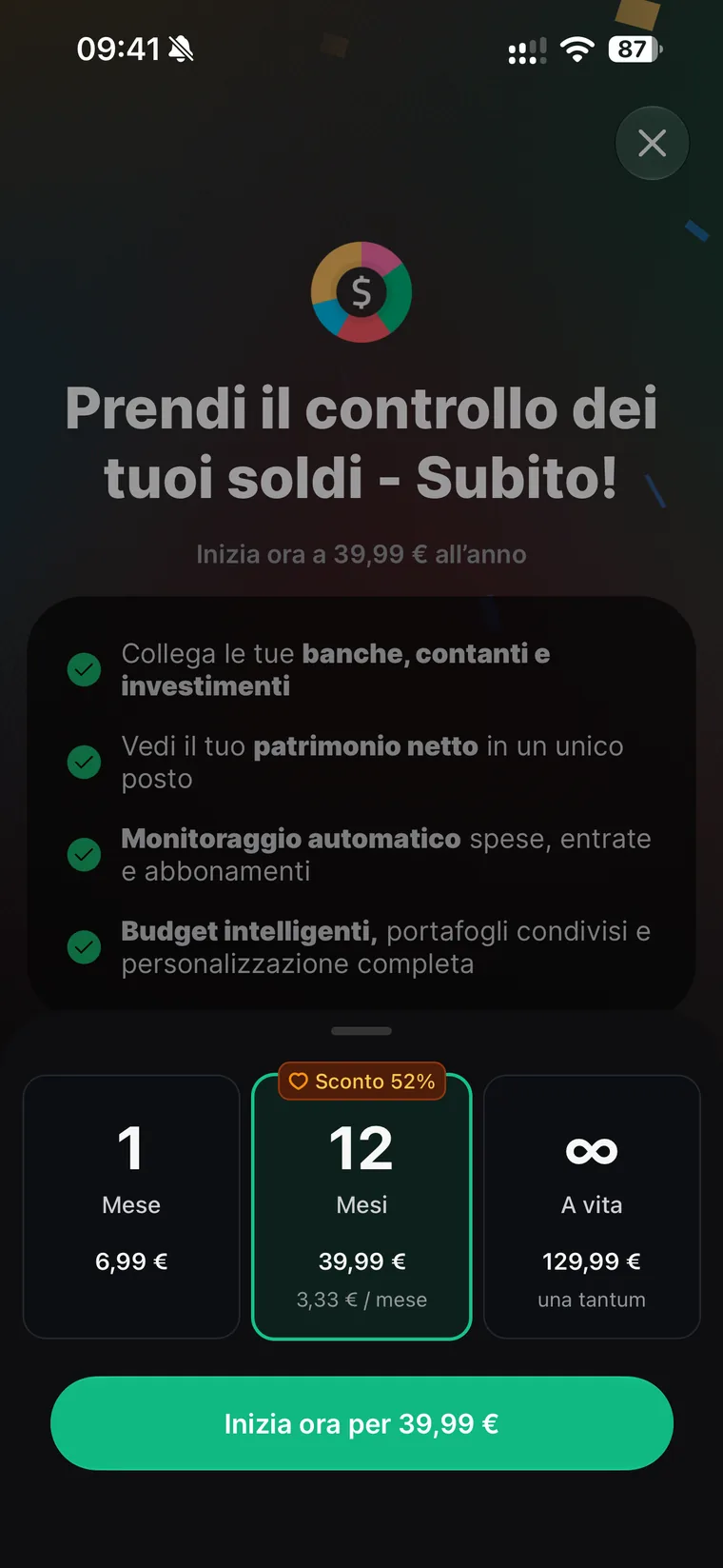Paywall di Spendee con i piani 1 mese a 6,99 euro, 12 mesi a 39,99 euro con sconto del 52 per cento e 3,33 euro al mese, e A vita a 129,99 euro una tantum