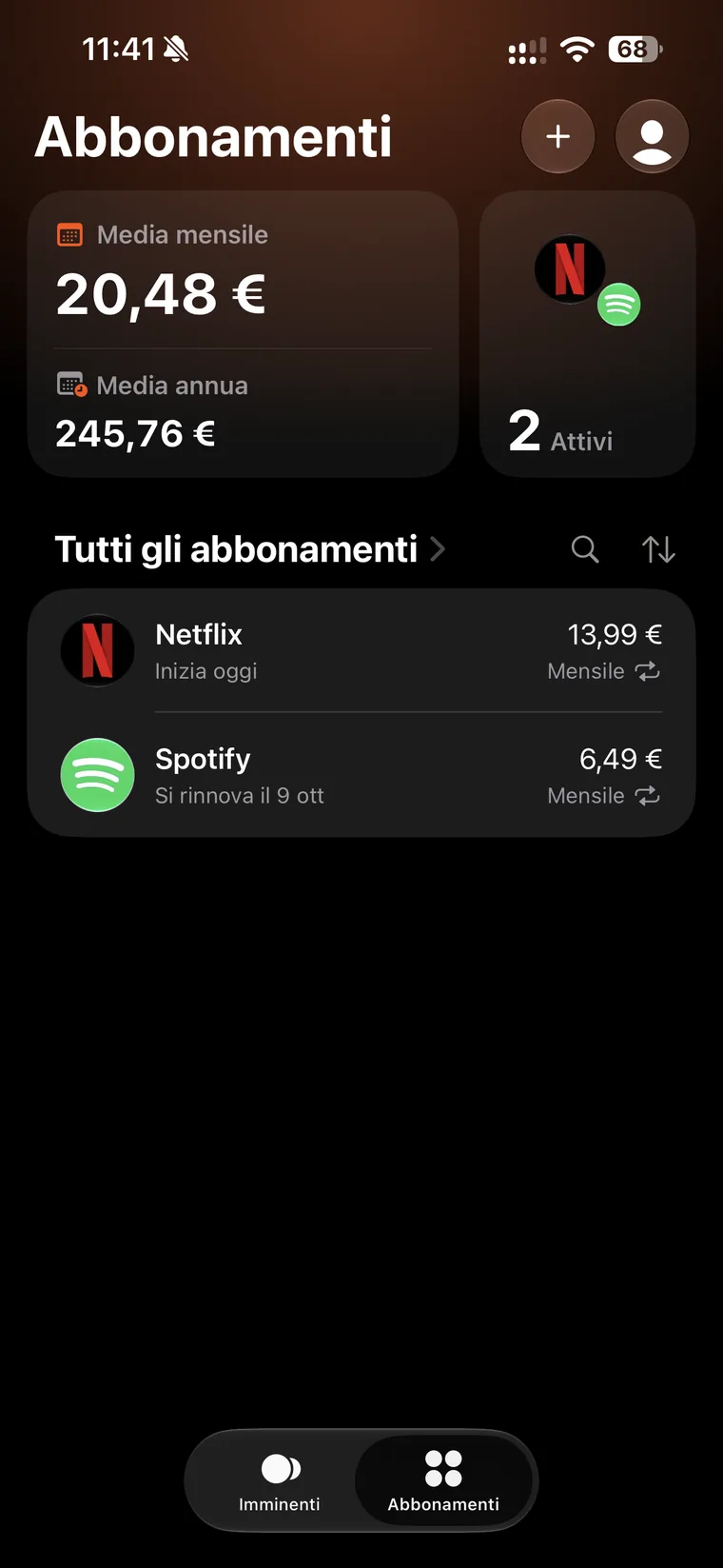 Schermata Abbonamenti di Subo con la media mensile di 20,48 euro, la media annua di 245,76 euro, il contatore di due abbonamenti attivi e l'elenco con Netflix e Spotify, prezzo e periodicità
