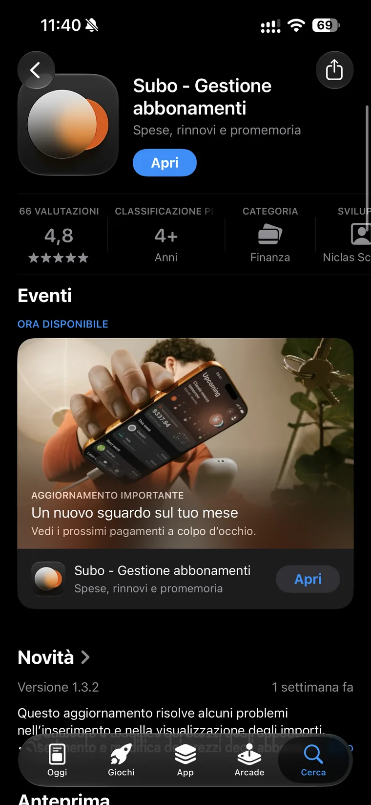 Scheda App Store di Subo Gestione abbonamenti con sottotitolo spese rinnovi e promemoria, 66 valutazioni, media 4,8 e versione 1.3.2