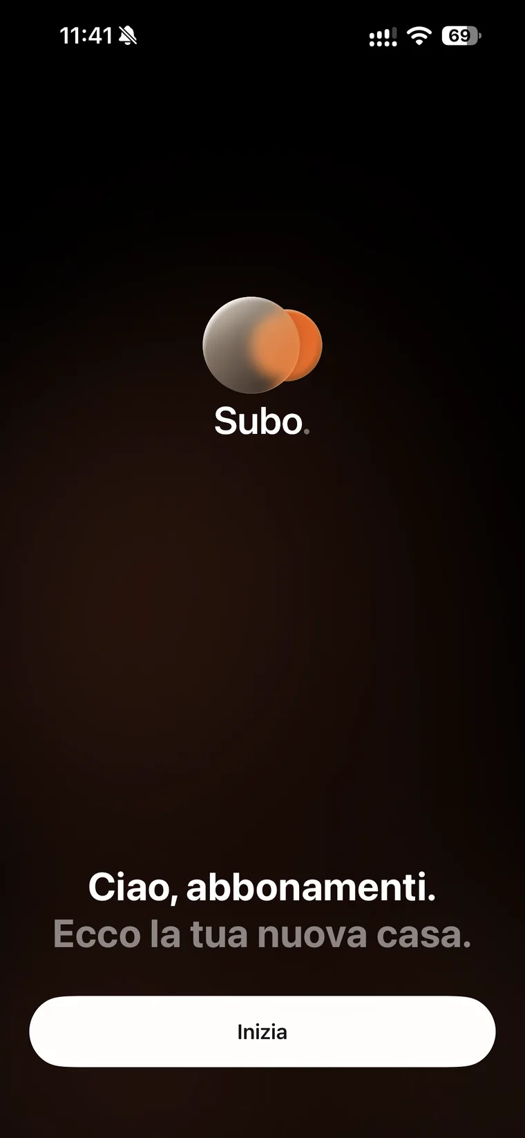 Schermata di benvenuto di Subo con il logo e la frase Ciao abbonamenti, ecco la tua nuova casa