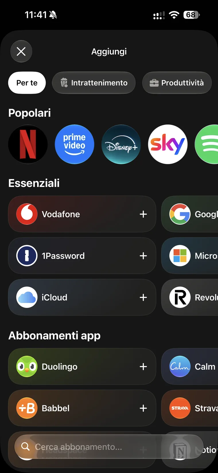 Catalogo di Subo con i filtri Per te, Intrattenimento e Produttività, la riga Popolari con Netflix, Prime Video, Disney+, Sky e Spotify, e i gruppi Essenziali e Abbonamenti app con i rispettivi loghi