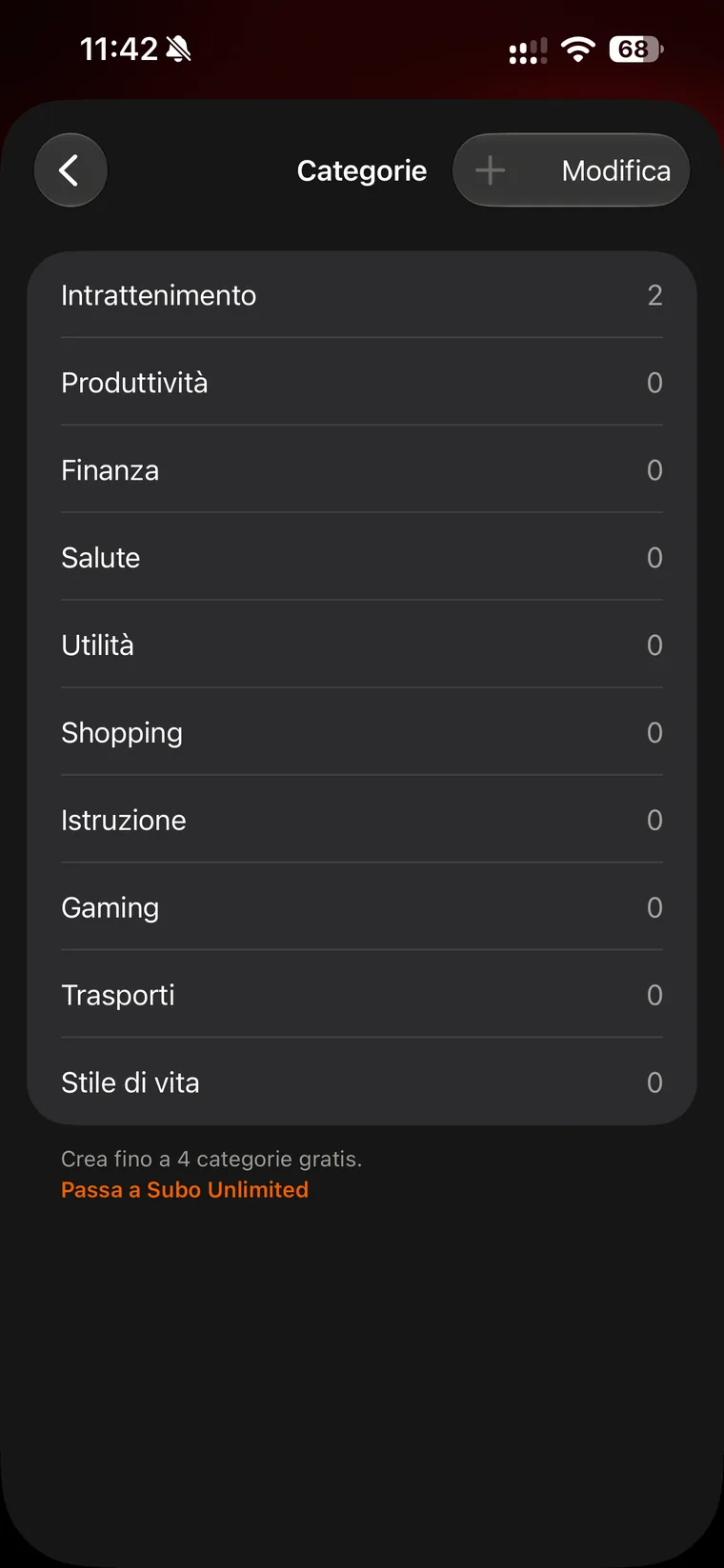 Schermata Categorie di Subo con Intrattenimento, Produttività, Finanza, Salute, Utilità, Shopping, Istruzione, Gaming, Trasporti e Stile di vita, e la nota che si possono creare fino a 4 categorie gratis