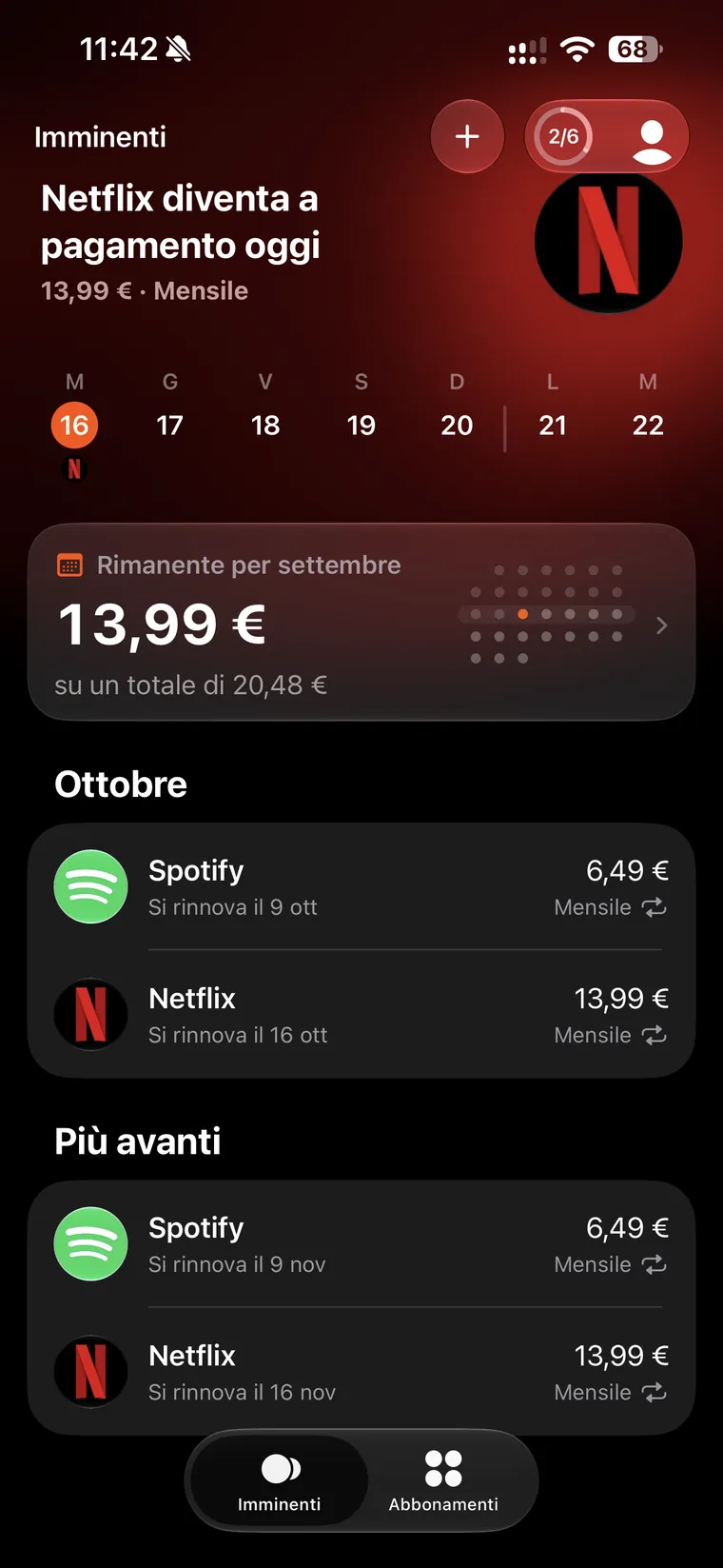 Schermata Imminenti di Subo con Netflix che diventa a pagamento oggi, la striscia dei giorni della settimana, il riquadro Rimanente per settembre con 13,99 euro su un totale di 20,48 euro e i rinnovi di ottobre e più avanti