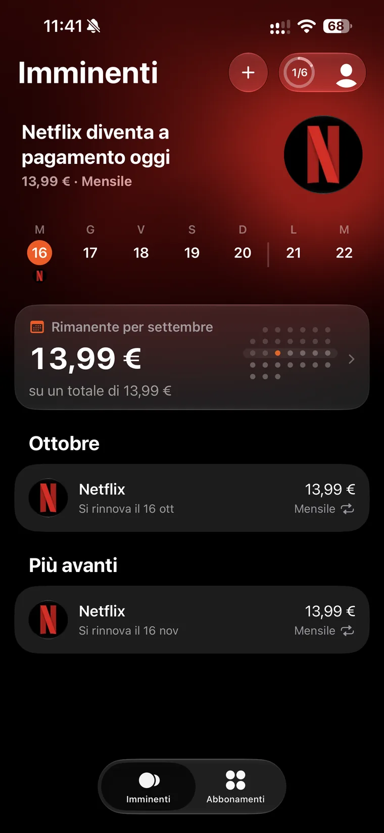 Schermata Imminenti di Subo con un solo abbonamento, il contatore 1 su 6 e il rimanente del mese pari al totale