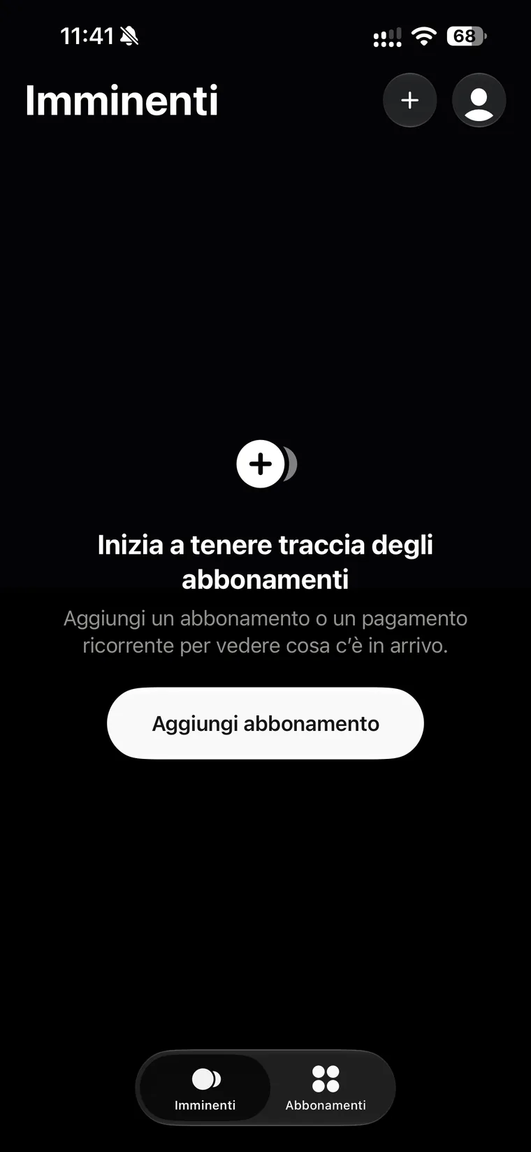 Schermata Imminenti di Subo vuota con l'invito ad aggiungere un abbonamento o un pagamento ricorrente