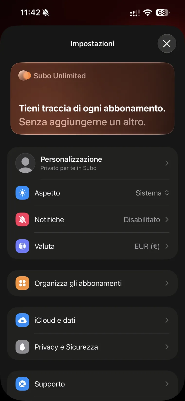 Impostazioni di Subo con la card Subo Unlimited, Personalizzazione, Aspetto impostato su Sistema, Notifiche disabilitate, Valuta EUR, Organizza gli abbonamenti, iCloud e dati, Privacy e Sicurezza e Supporto