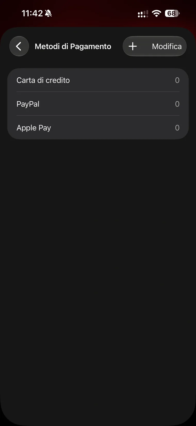 Schermata Metodi di Pagamento di Subo con Carta di credito, PayPal e Apple Pay, ciascuno con il conteggio degli abbonamenti associati