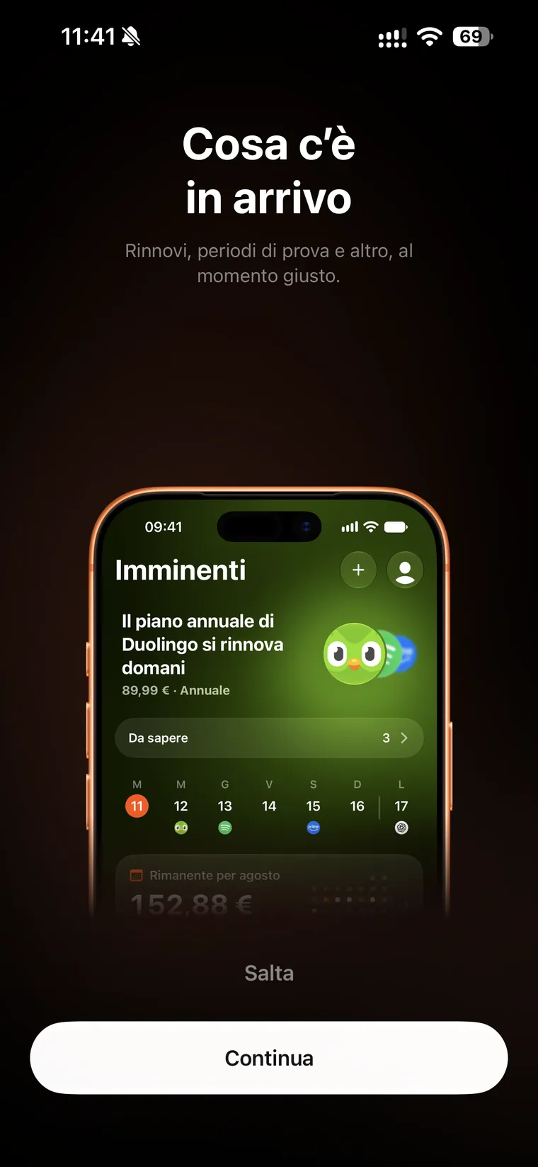 Schermata di onboarding di Subo intitolata Cosa c'è in arrivo, con un esempio della schermata Imminenti e il rimanente del mese