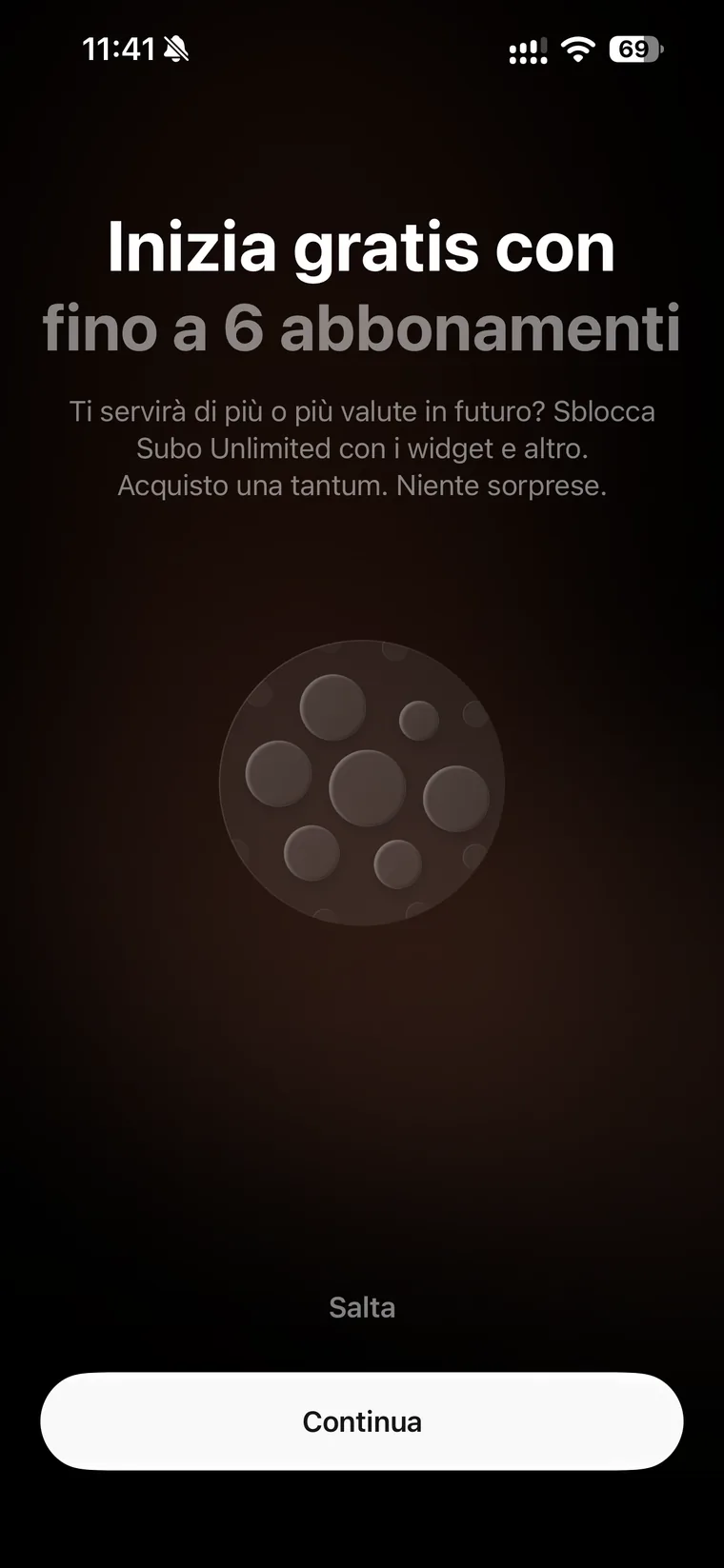 Schermata di onboarding di Subo che dichiara di iniziare gratis con fino a 6 abbonamenti e presenta Subo Unlimited come acquisto una tantum