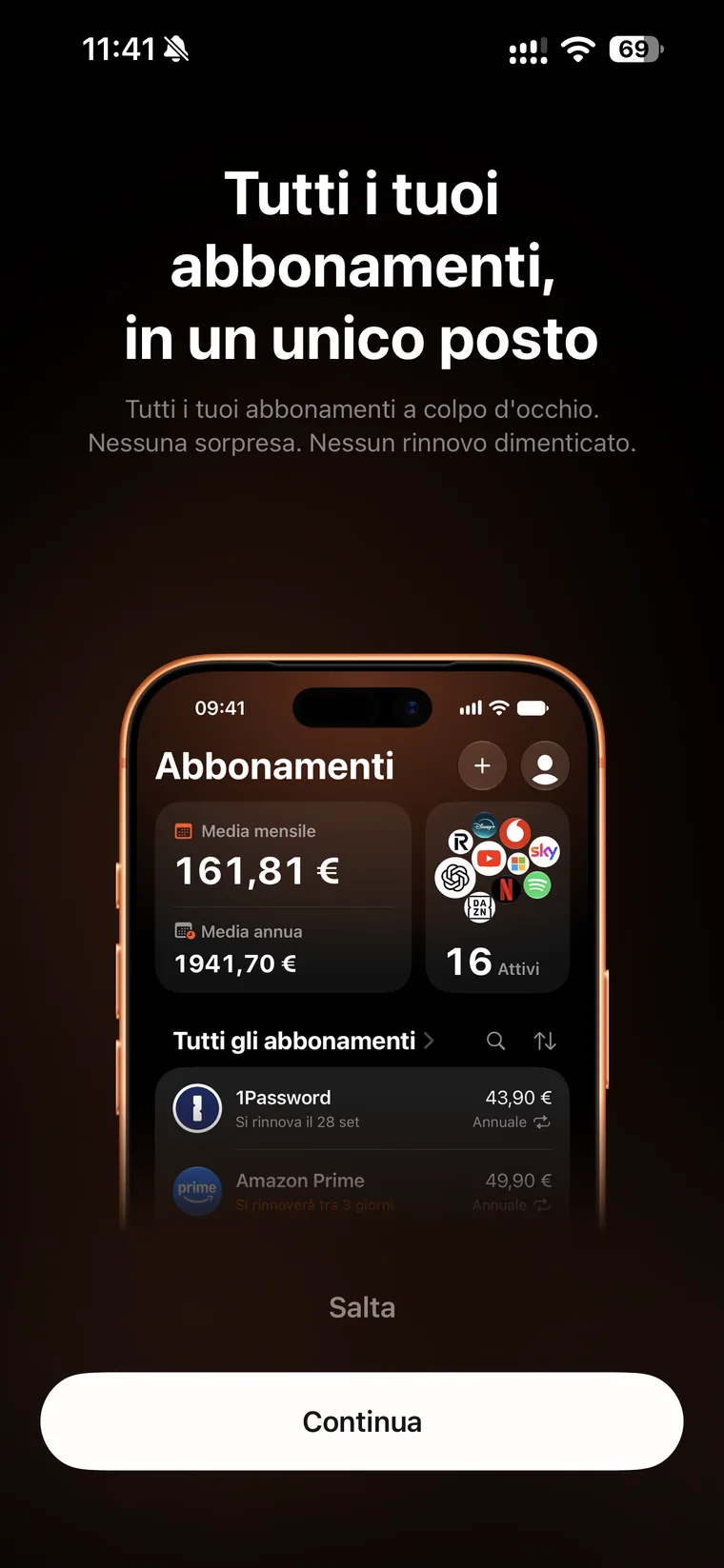 Schermata di onboarding di Subo che mostra un esempio della schermata Abbonamenti con media mensile, media annua e numero di attivi