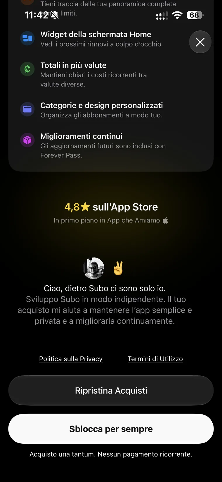 Seconda parte del paywall di Subo con widget della schermata Home, totali in più valute, categorie e design personalizzati e miglioramenti continui