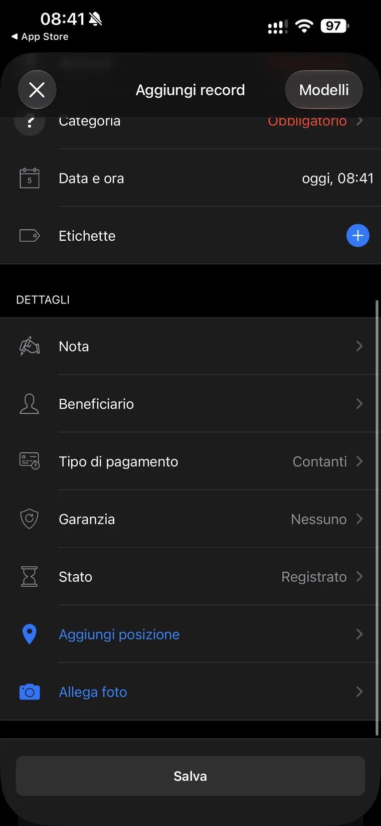 Sezione Dettagli di Aggiungi record in Wallet con i campi Nota, Beneficiario, Tipo di pagamento Contanti, Garanzia, Stato Registrato, Aggiungi posizione e Allega foto